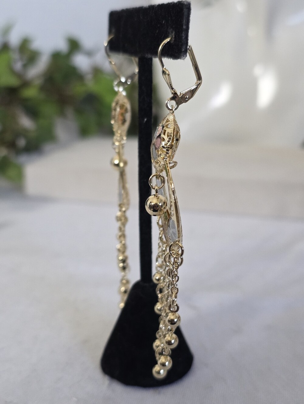 Tricolor Gold Filled Floral Chandelier Earrings Dangle Drop Filigree Leverback - Picture 7 of 10
